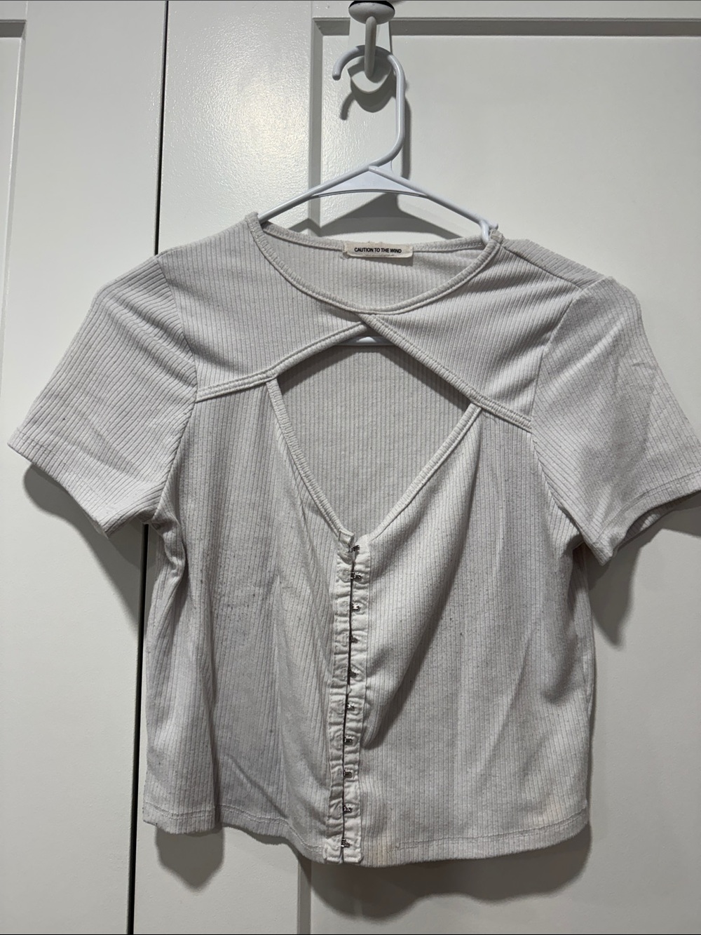 Caution To The Wind White Ribbed Short-Sleeve Cutout Button-Front Tee